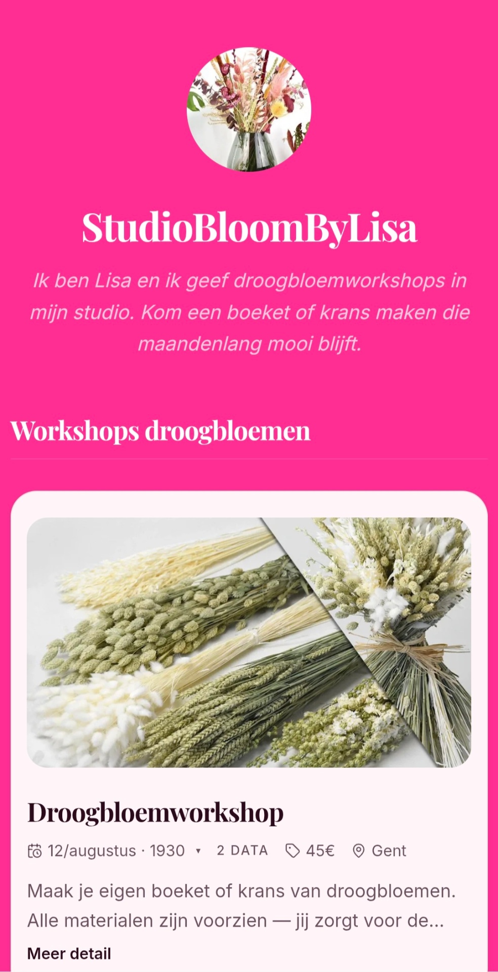 Welco mini-site voorbeeld met zachte roze achtergrond en aanbod in de kijker